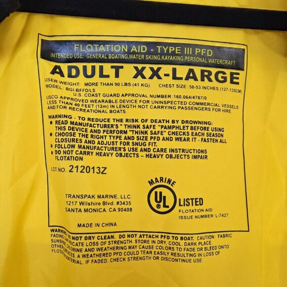 Body Glove Stay Afloat Coat Life Jacket Size XXL Type III PFD Yellow - Picture 8 of 11